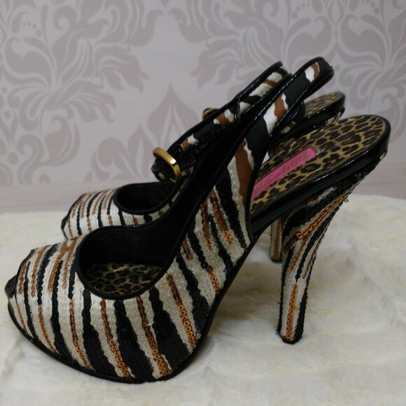 Betsey Johnson Zebra Stripe Black Gold Sequin Peep Toe Heels Size 5 ankle strap - Picture 2 of 11